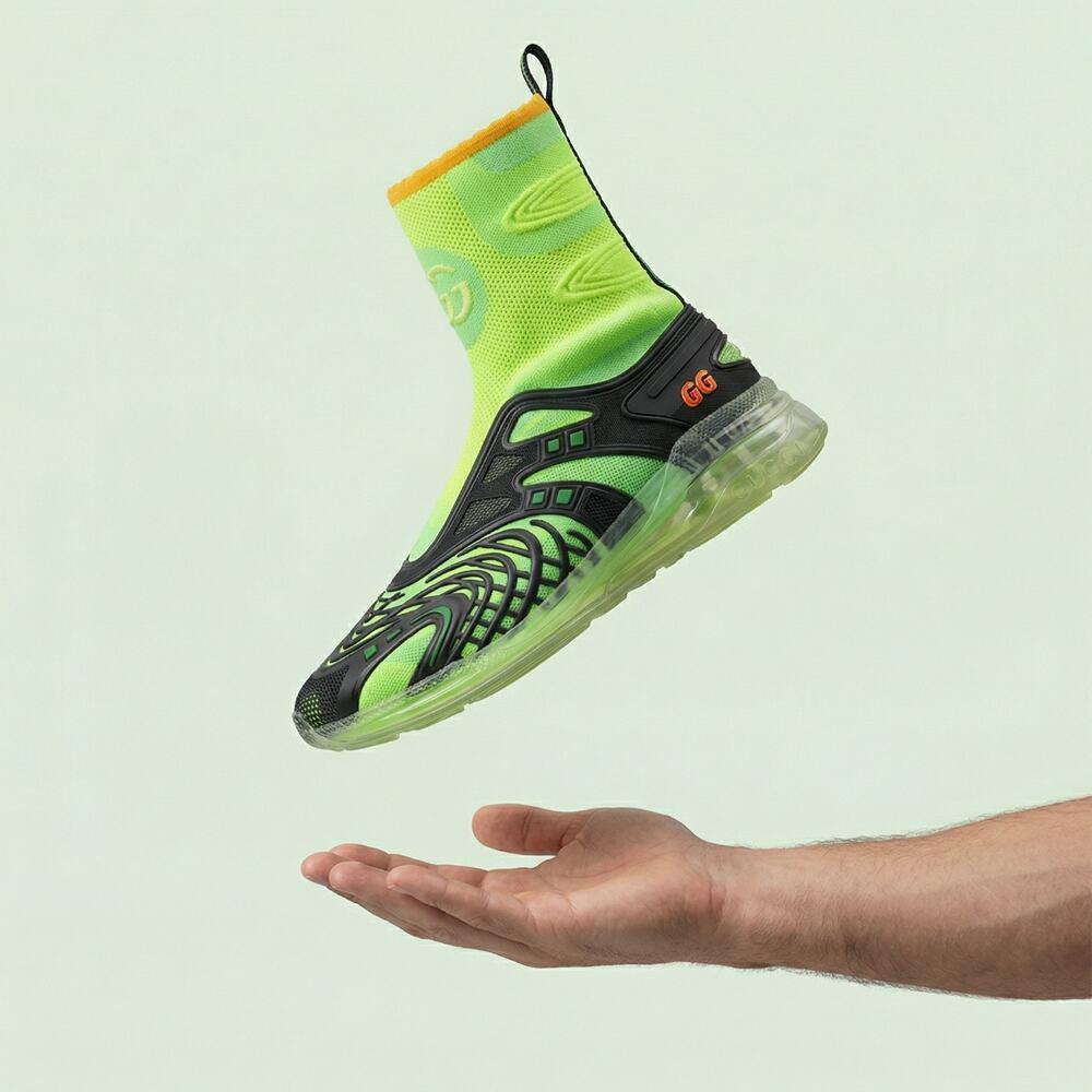 Auth Gucci Ultrapace R Mid-Top Neon Reflective Sock Sneakers - With Box & Papers